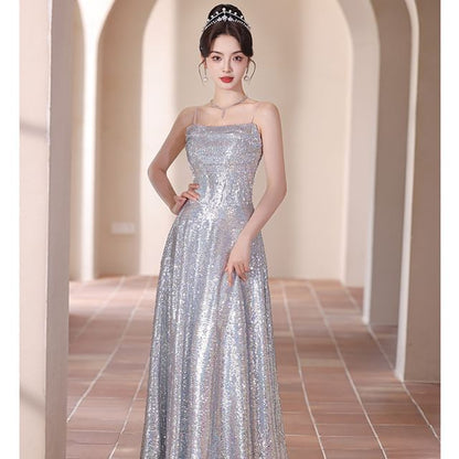 Spaghetti Strap Sequined A-Line Evening Gown