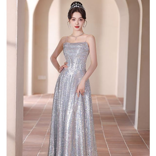Spaghetti Strap Sequined A-Line Evening Gown