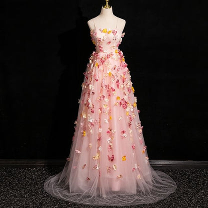 Spaghetti Applique Evening Floral A-Line Gown Mesh Strap