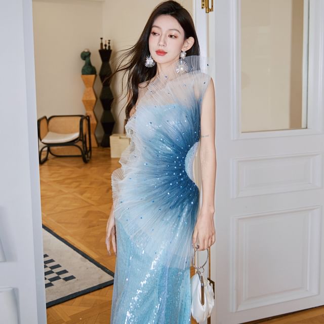 One Shoulder Sequined Ombre Mermaid Evening Gown