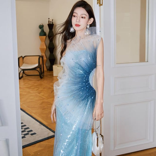 One Shoulder Sequined Ombre Mermaid Evening Gown