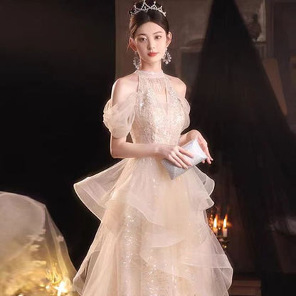 Cold-Shoulder A-Line Evening Sequined Gown Ruffled