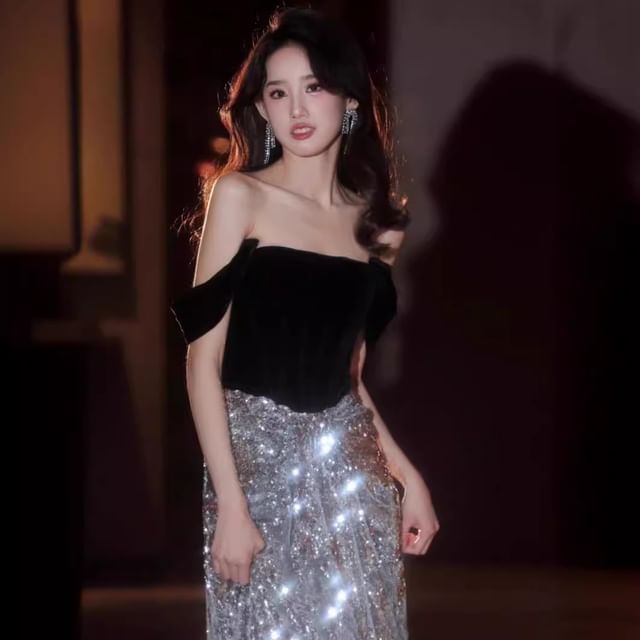 Off-Shoulder Sequined Velvet Panel A-Line Evening Gown
