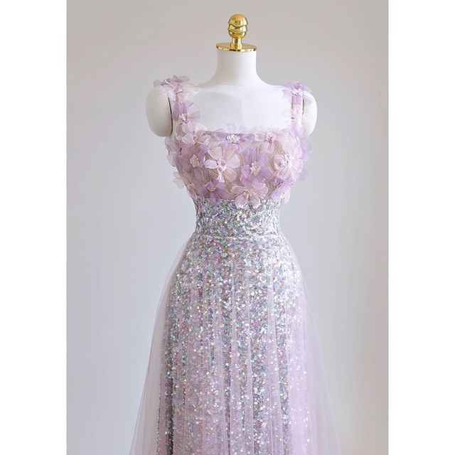 Evening Gown Glitter Wide A-Line Strap Floral