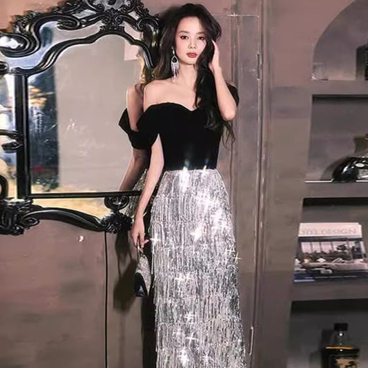 A-Line Velvet Tasseled Off-Shoulder Sequined Evening Gown Panel