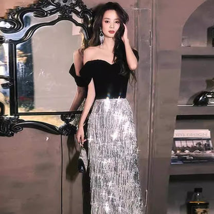 Off-Shoulder Sequined Tasseled Velvet Panel A-Line Evening Gown