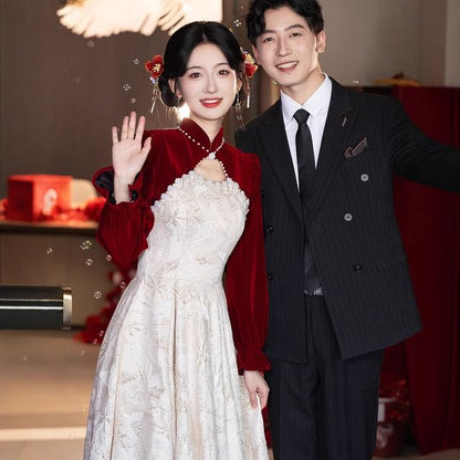 Dress Pearl Jacquard Chinese Faux Wedding Puff-Sleeve Floral A-Line