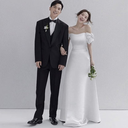 A-Line Gown Off-Shoulder Puff-Sleeve Bow Evening