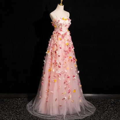 Spaghetti Applique Evening Floral A-Line Gown Mesh Strap