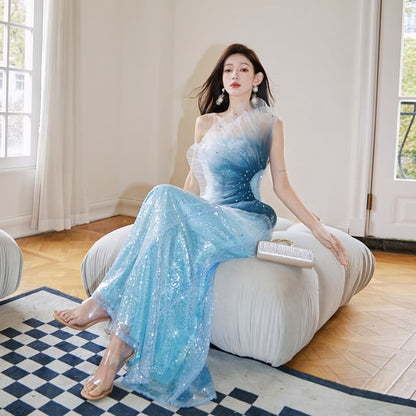 One Shoulder Sequined Ombre Mermaid Evening Gown