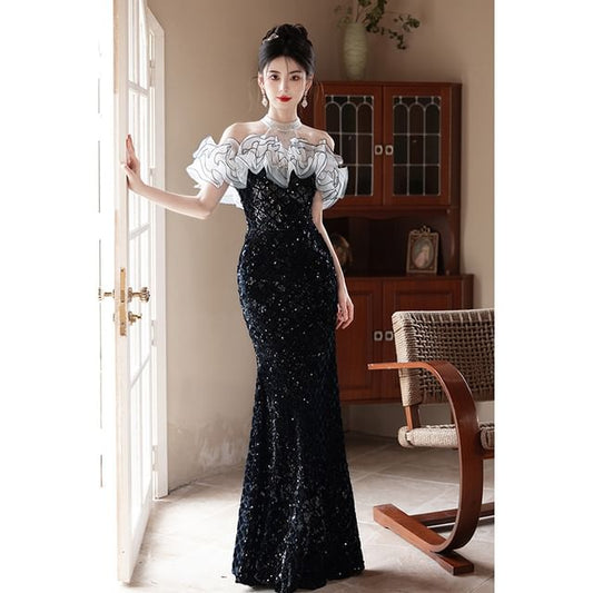 Gown Sequined Off-Shoulder Ruffled Evening Mermaid