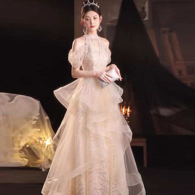 Cold-Shoulder A-Line Evening Sequined Gown Ruffled