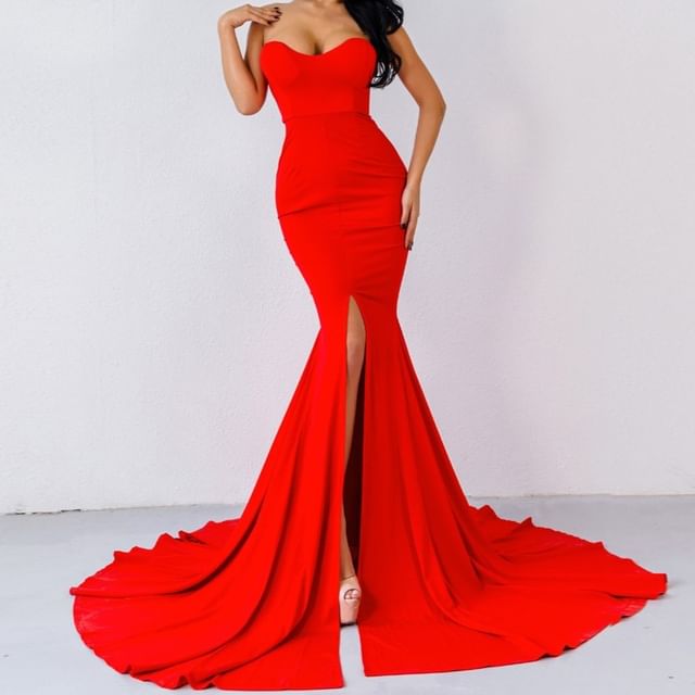 Slit Gown Mermaid Evening Plain Neckline Strapless Sweetheart Trained