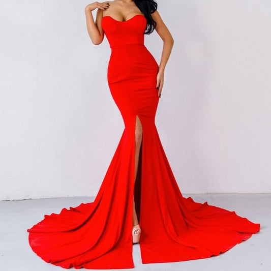 Slit Gown Mermaid Evening Plain Neckline Strapless Sweetheart Trained