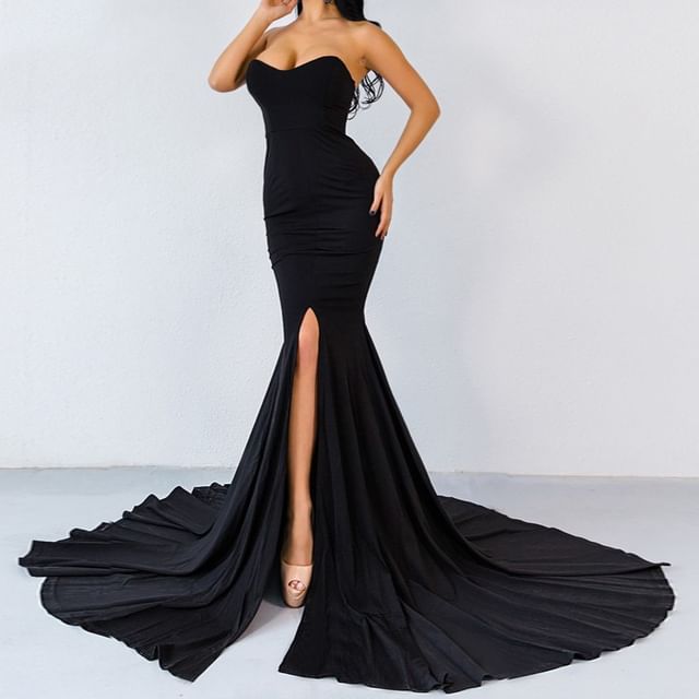 Strapless Sweetheart Neckline Plain Trained Slit Mermaid Evening Gown