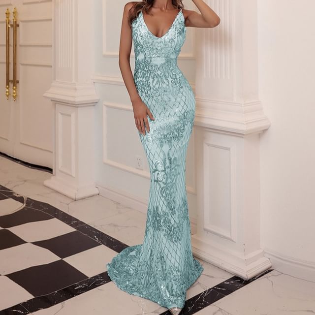Mermaid Evening Spaghetti Sequin V-Neck Strap Patterned Gown