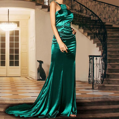 Evening Halter Gown Neck Plain Back Mermaid Open Trained