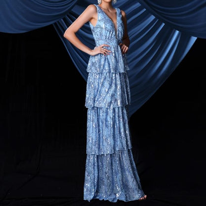 A-Line Evening Gown Tiered Sleeveless V-Neck Sequin Plunge