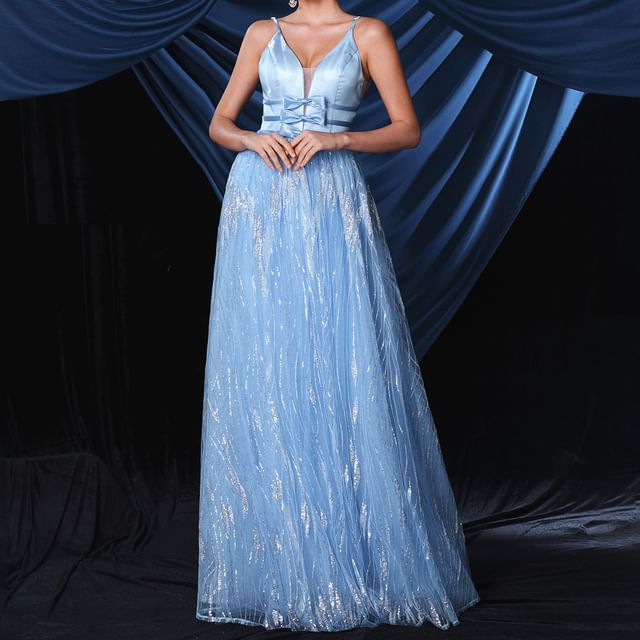 Spaghetti Strap V-Neck Sequin Bow Accent Open Back Mesh A-Line Evening Gown