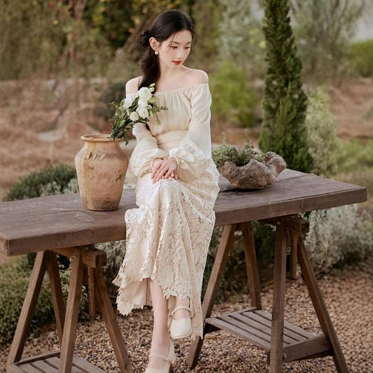 Long-Sleeve Scoop Neck Plain Blouse / High Rise Plain Lace Midi A-Line Skirt / Set