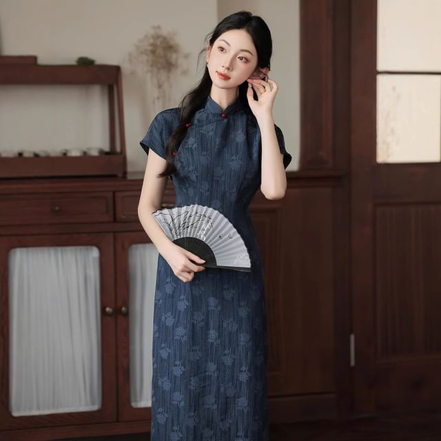 Short-Sleeve Flower Print Midi Qipao / 3/4-Sleeve Lace Cardigan / Set