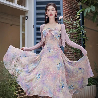 Spaghetti Strap Floral Ruffle Trim Maxi A-Line Dress / Plain Crop Cardigan / Set