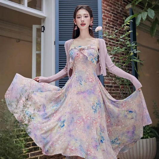 Spaghetti Strap Floral Ruffle Trim Maxi A-Line Dress / Plain Crop Cardigan / Set