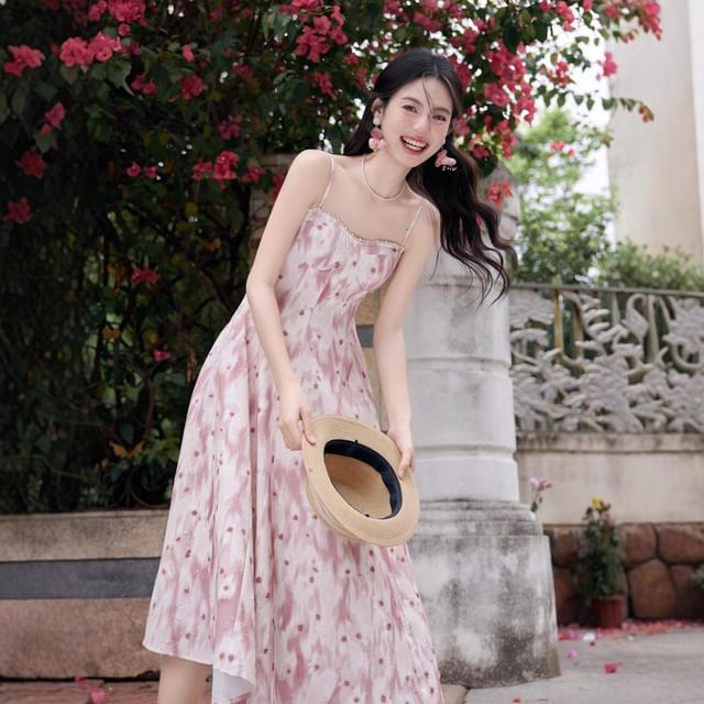 Spaghetti Strap V-Neck Floral Print Midi A-Line Dress / Plain Light Cardigan / Set