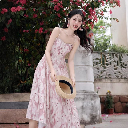 Spaghetti Strap V-Neck Floral Print Midi A-Line Dress / Plain Light Cardigan / Set