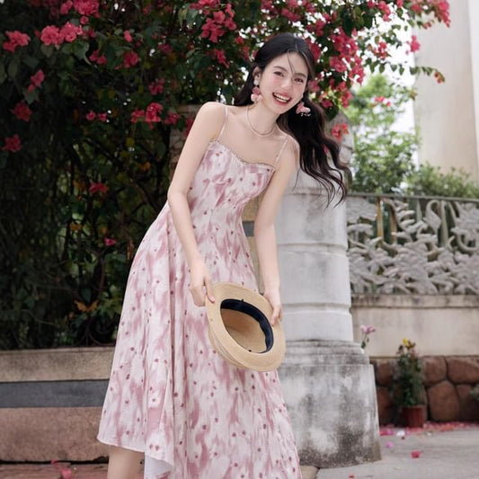 Spaghetti Strap V-Neck Floral Print Midi A-Line Dress / Plain Light Cardigan / Set