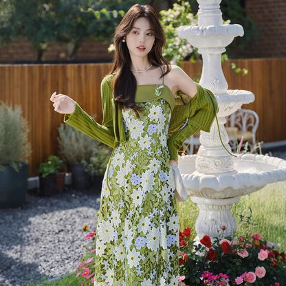 Spaghetti Strap Floral Print Midi A-Line Dress / Plain Crop Cardigan / Set