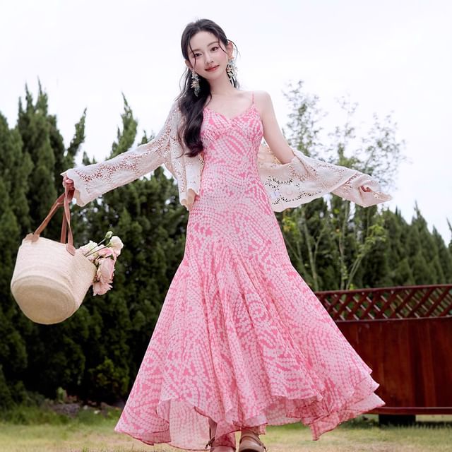 Spaghetti Strap V-Neck Polka Dot Ruffle Maxi A-Line Dress / Lace Cardigan / Set