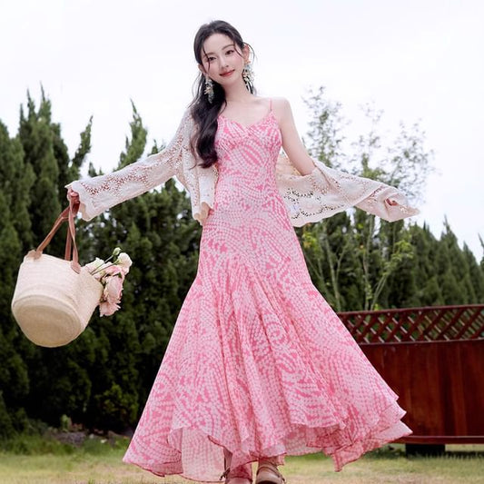 Spaghetti Strap V-Neck Polka Dot Ruffle Maxi A-Line Dress / Lace Cardigan / Set