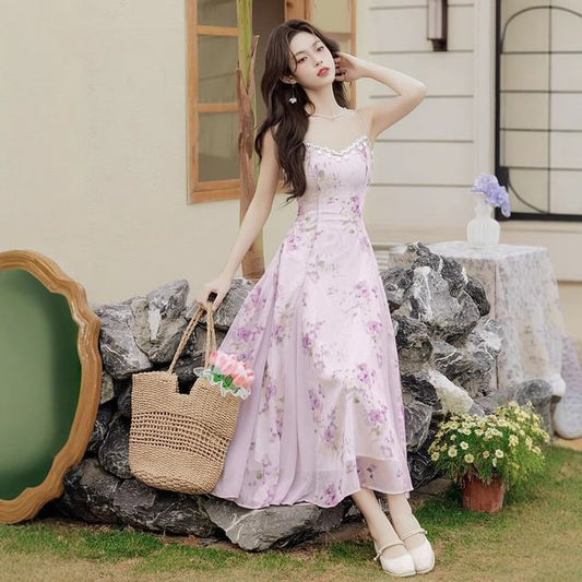 Spaghetti Strap Crew Neck Floral Print Midi A-Line Dress / Plain Cardigan / Set