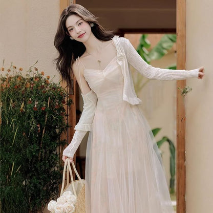 Spaghetti Strap V-Neck Plain Ruched Maxi A-Line Dress / Plain Cardigan / Set