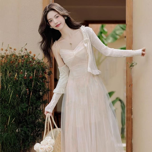 Spaghetti Strap V-Neck Plain Ruched Maxi A-Line Dress / Plain Cardigan / Set