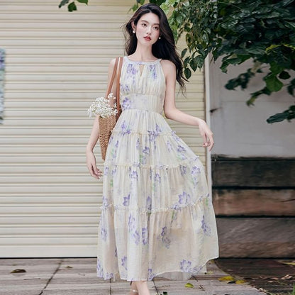 Halter Neck Floral Print Maxi A-Line Dress / Plain Light Jacket / Set