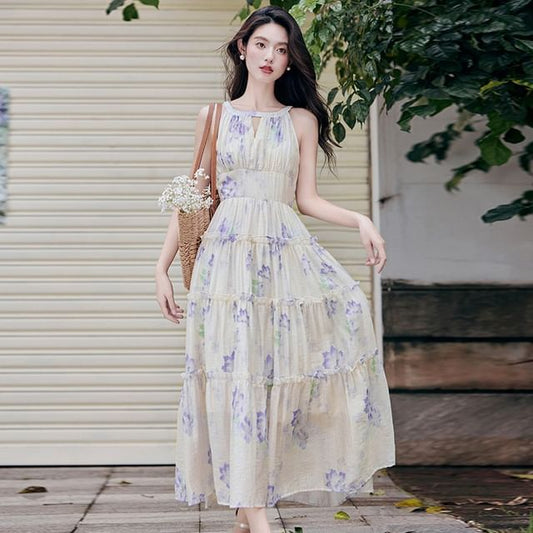Halter Neck Floral Print Maxi A-Line Dress / Plain Light Jacket / Set