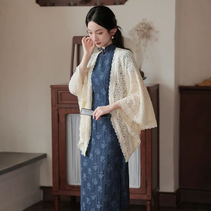 Short-Sleeve Flower Print Midi Qipao / 3/4-Sleeve Lace Cardigan / Set