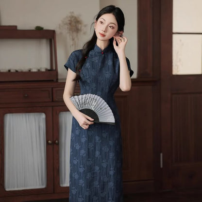 Short-Sleeve Flower Print Midi Qipao / 3/4-Sleeve Lace Cardigan / Set