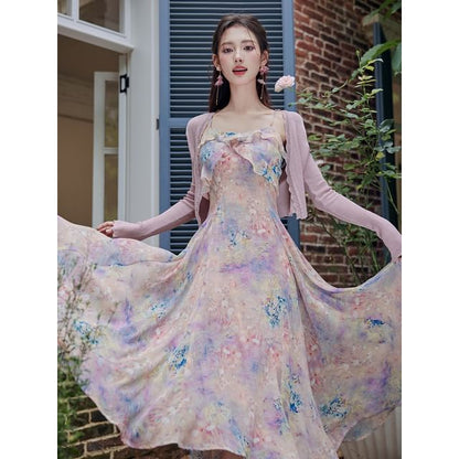 Spaghetti Strap Floral Ruffle Trim Maxi A-Line Dress / Plain Crop Cardigan / Set