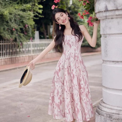 Spaghetti Strap V-Neck Floral Print Midi A-Line Dress / Plain Light Cardigan / Set