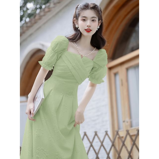 Elbow-Sleeve Cold Shoulder Plain Midi A-Line Dress