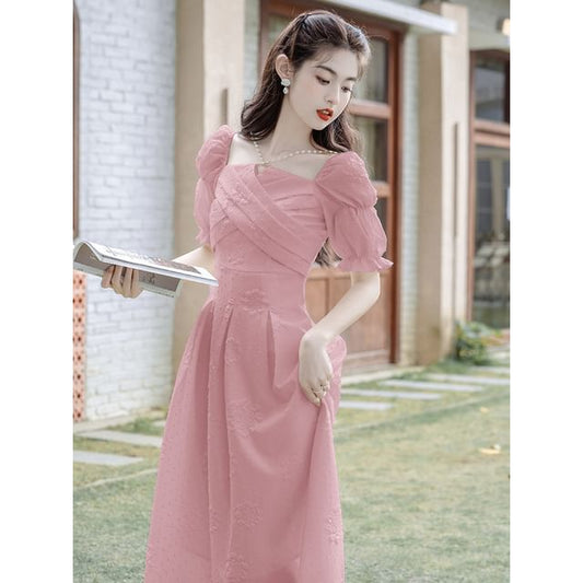Elbow-Sleeve Cold Shoulder Plain Midi A-Line Dress