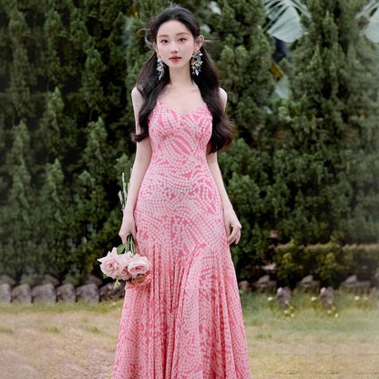 Spaghetti Strap V-Neck Polka Dot Ruffle Maxi A-Line Dress / Lace Cardigan / Set