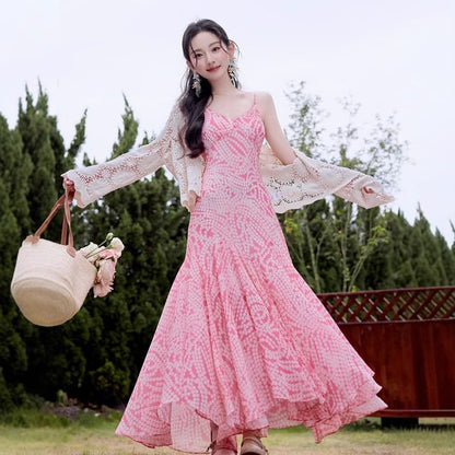 Spaghetti Strap V-Neck Polka Dot Ruffle Maxi A-Line Dress / Lace Cardigan / Set