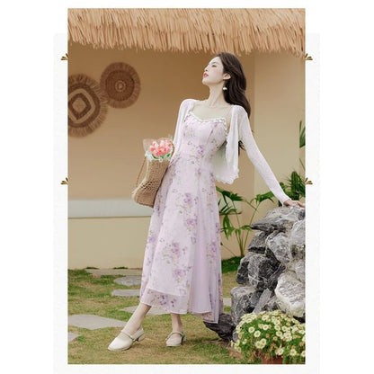 Spaghetti Strap Crew Neck Floral Print Midi A-Line Dress / Plain Cardigan / Set