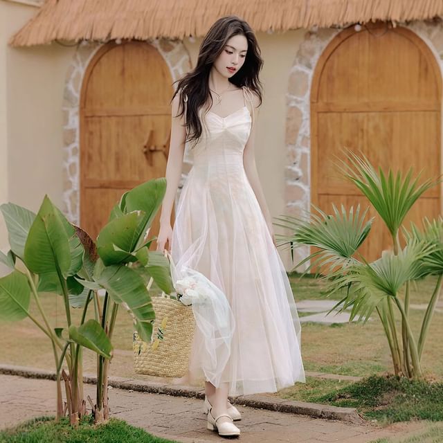 Spaghetti Strap V-Neck Plain Ruched Maxi A-Line Dress / Plain Cardigan / Set