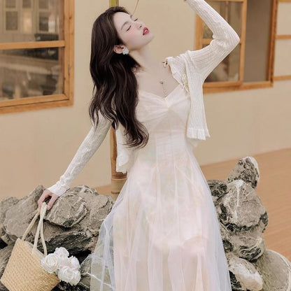 Spaghetti Strap V-Neck Plain Ruched Maxi A-Line Dress / Plain Cardigan / Set