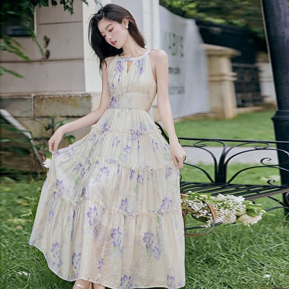 Halter Neck Floral Print Maxi A-Line Dress / Plain Light Jacket / Set